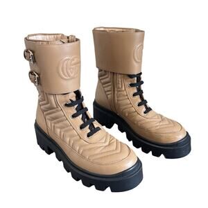 Gucci Frances GG Combat Boots Lug Sole Matelasse Quilted Leather Tan Size EU 37